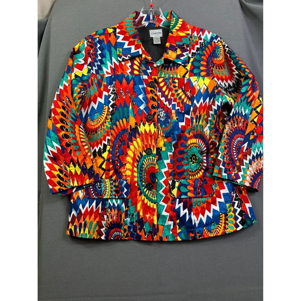 Chicos Women's Multi Color Geometric Sunburst Print Button‎ Front Jacket Size 1